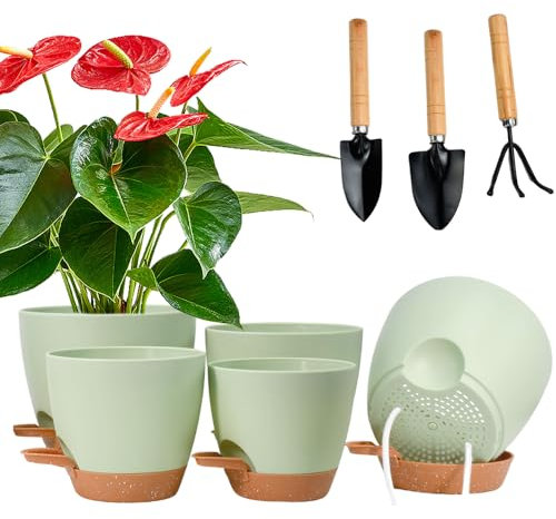 JNEYVIC 5 Stück Blumentopf mit Bewässerungssystem Grün Pflanztopf Selbstbewässerung Klein Übertopf mit Untersetzer 17.7/16.5/15/14/12.7cm Selbstbewässerungstopf für Innen Balkon Garten Pflanzen
