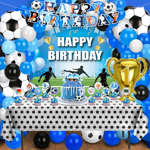 Kolohoso 131-teiliges Fußball Party Geburtstag Dekorationen – Fußball-Party-Dekoration mit Sportthema, inklusive Geburtstagsbanner, Geburtstagshintergrund, Ballon, Stück Kuchendeko, Tischdecke