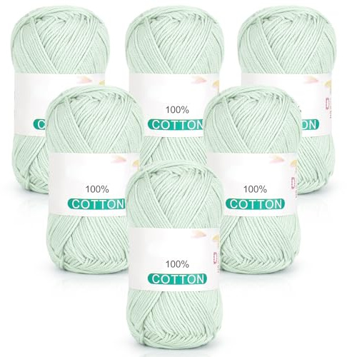 Reessy 100% Cotton Yarn for Crochet & Knitting, Pure Cotton Yarn-Green | 6 Skeins (50g Each, 300g Total), Sport Weight Cotton Crochet Yarn for Clothes, Dishcloths, Wearables & DIY Crafts