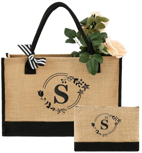 BOBASH Juego de 2 bolsos de yute con monograma, bolsa de la compra, base robusta, pequeña bolsa de cosméticos para mujer, novia, mamá, hermanas, esposa, cumpleaños, s
