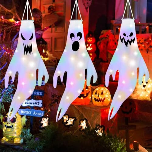 Manica a Vento Fantasma di Halloween, 3 Pezzi Maniche a Vento Appese per Halloween, Bandiera Manica a Vento Fantasma, Maniche a Vento Fantasma di Halloween con LED, Decorazione di Halloween Festa