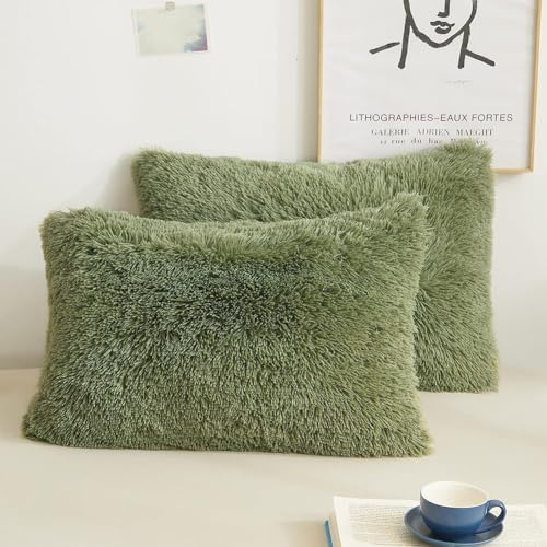 2er Set Kissenbezug 40 x 80 cm Flauschige Zierkissenbezüge Salbeigrün | Kopfkissenbezug 40 x 80, Oeko-TEX, Langhaar Kunstfell, Dekorative Kissenhülle, Zierkissen, SofaKissenbezug