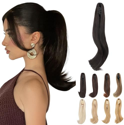Elailite Haarteil Zopf Frauen Claw Clip In Ponytail Extensions Pferdeschwanz Klammer Haarteile Glatt Fake Haarzopf Damen 40cm Naturalschwarz