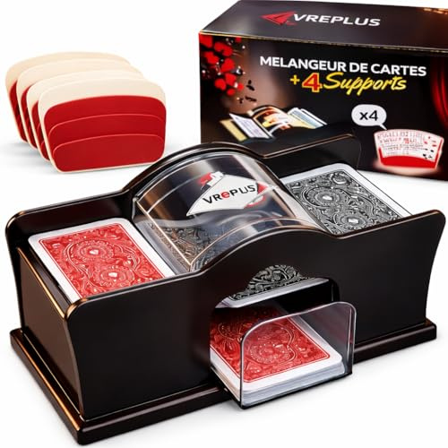 Vréplus Mélangeur de Cartes Manuel à Manivelle 2 Jeux+ 4 Supports,2 Plateaux – Mélange Rapide et Facile – Pack Poker, Blackjack, Jeux de Société, Soirées et Famille
