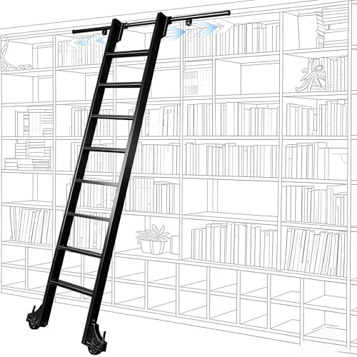 XIJIXILI 96 Rolling Library Ladder Kit - 4FT Wall Track System with Brake Wheels, 450lb Heavy Duty Black Sliding Ladder for Warehouse, Loft, Bookcase & Office Storage