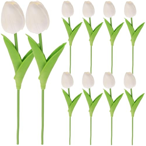 Beavorty Bouquet di 10 Tulipani Fiori Artificiali in Pu di Colore Bianco, Decorazioni Floreali per Soggiorno e Camera da Letto, Composizioni Fai da Te per Matrimonio e Vaso Decorativo