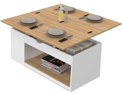 IDMarket – Mesa de centro elevable rectangular Convertible en mesa de comedor ELEA 100 cm, madera blanca y haya