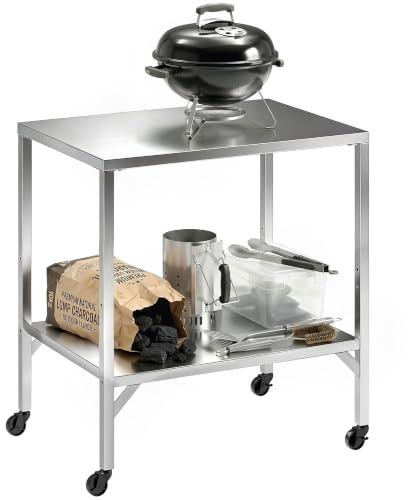 Outsunny Chariot de Barbecue en Acier Inoxydable Stable 85x60cm Argenté | Table de Préparation Extérieur, avec Plan de Travail et Roulettes, Desserte de Jardin, pour Four à Pizza et Grill