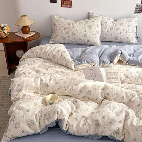 Nyescasa Bettwäsche 135x200 2 Teilig Beige Blau Blumen Blätter Gestreift Bettwäsche-Set Mädchen Floral Pflanzen Wendebettwäsche Weiche Mikrofaser Bettbezug mit Reißverschluss und Kissenbezug 80x80cm