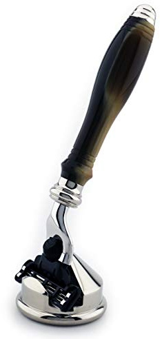 Horn Replica Cartridge Razor & Holder Combo Triple Edge Compatible Resin Handle Shaver & German Stainless Steel Display Shaving Stand Great Gift for Him