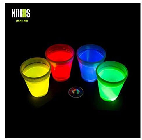 KNIXS 4er Set - Knicklicht Würfel-Becher/Becher 250ml im 4-Farb-Mix (rot, gelb, grün, blau) Leuchtend für Spiele, Party, Festival oder als Dekoration - ohne Spielwürfel