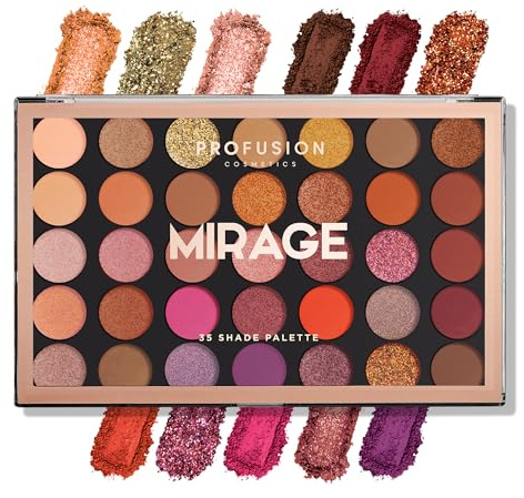 Profusion Cosmetics Mirage 35 Shade Master Lidschatten-Palette (Multi-Finish neutral, warmes Braun, Reihe von bernsteinfarbenen und kastanienbraunen Farbtönen)