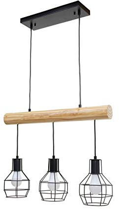 Pendelleuchte HWC-H83, Hängelampe Hängeleuchte, Industrial Vintage Massiv-Holz Metall schwarz - 3 Gitterlampenschirme