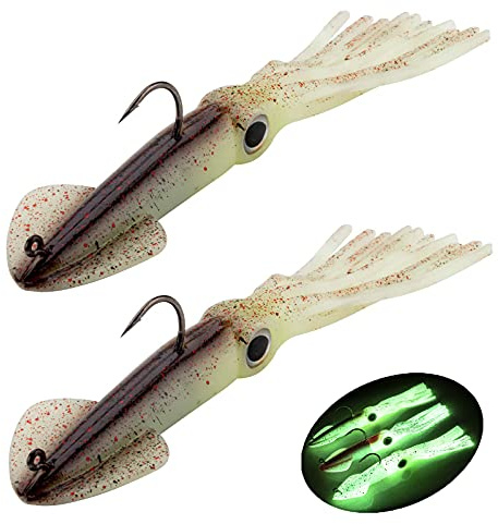 QualyQualy Gummifische Angelköder für Forelle Zander & Barsch, Octopus Kunstköder Angelausrüstung Gummiköder Angelsets Jigs Head mit Haken, Tintenfisch Angelköder 35g 2 Stück