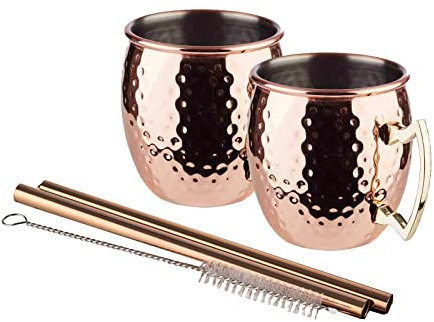 Moscow Mule Cocktail Set, 2x Becher in Kupfer glänzend mit Metall Strohhalm