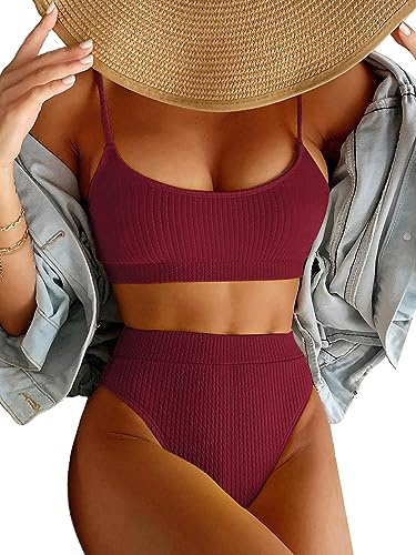 Lilosy hög midja magkontroll ribbad bikini magtröja brasiliansk baddräkt set 2 delar, Bourgogne röd, M