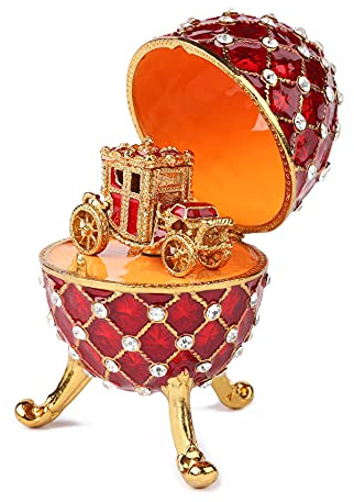 QIFU Vintage White Easter Egg Style Enamel Trinket Box with Mini Carriage(QF5291)