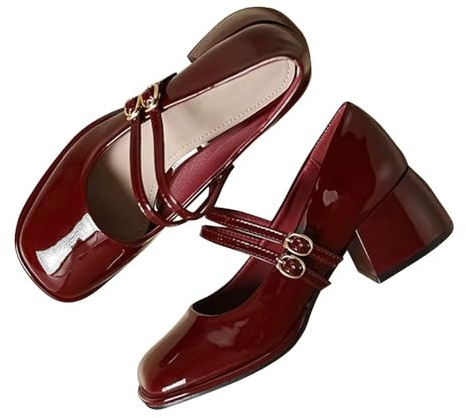 Stunner Women's Chunky Low Block Heels Dress Pumps Comfortable Closed Square Toe Mary Jane Pumps Wine Red 41(8.5)