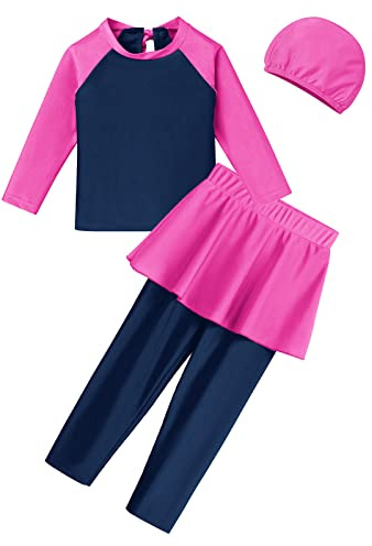 IMEKIS Kid Baby Girls Long Sleeve Swimsuit Color Block Sunsuit Modest Muslim Swimwear Swim Top with Pants Caps 3pcs Tankini Set Burkini Summer Beachwear Swimming Costume Hot Pink 9-10 Years