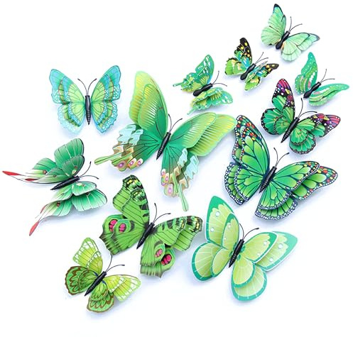 OPSEAM Schmetterling Wanddekoration 24/48 Stück, 3D Schmetterlinge Aufkleber für Party Dekorationen mit Magneten (Grün, 24)