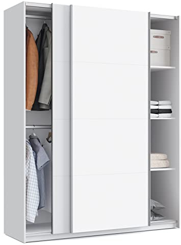 JUANIO Armario 2 Puertas Correderas y Estantes, para Dormitorio o Habitación, Acabado en Blanco, Medidas: 150 cm (Largo) x 200 cm (Alto) x 62 cm (Fondo)