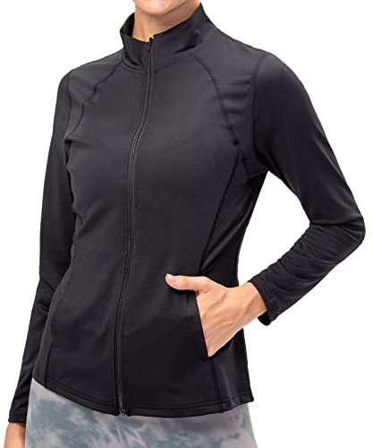 TERODACO Running Jacket Women Full Zip Long Sleeve Lightweight Gym Top with Pockets UPF 50+ Ladies Sports Tops for Yoga Workout Fitness,Slim Fit Quick Dry Breathable 12613 Black L