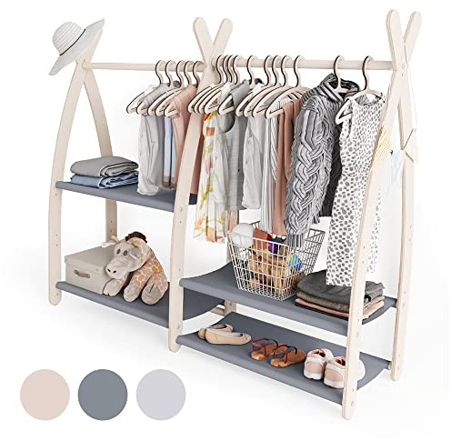 MAMOI® Portant à vêtements pour enfants 95 x 106 x 32 cm / 53 x 95 x 32 cm | Garde-robe enfant | Porte-manteau debout | Rail de vêtements pour enfants | Rail en bois | Garde-robe chambre d'enfant |