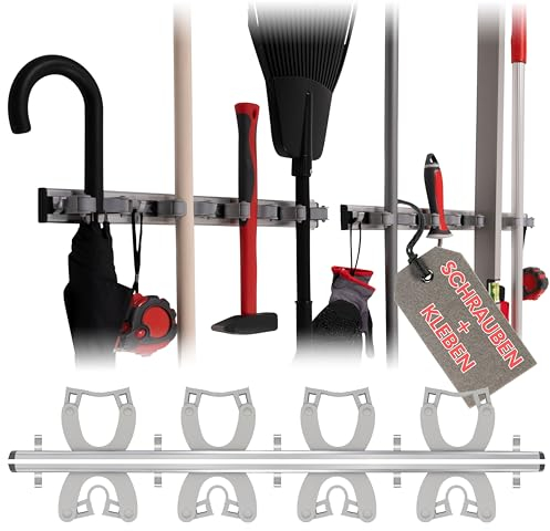 Poly Solution® Besenhalter & Gerätehalter Wand 2 Stück mit 4 Halterungen & 5 Haken Kleben oder Bohren Universal Gerätehalterung für Besenstiel, Gartengeräte, Werkzeug - Besenhalterung für Abstellraum