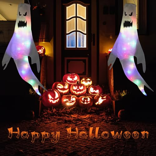 Hillylolly Halloween Deko Windsäcke, 2 Stück Halloween Geist Windsack Led, 120 cm Halloween Geister Hängend, Halloween Deko Outdoor für Vorgarten Patio Rasen Garten