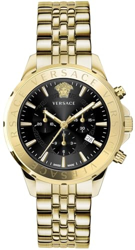 Versace - Herren-Armbanduhr Quarz Mode Armband und Gehäuse aus Edelstahl Farbe Gold Analoges Zifferblatt Schwarz - VEV602123