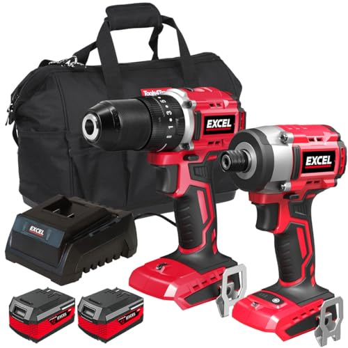 Excel 18V Brushless Twin Pack Impact Driver & Combi Drill with 2 x 4.0Ah Battery & Charger in Bag - 18v Combo Kit, Brushless Motor, Power Tools Combo Kit, Dril Driver, Cordless Twin kit