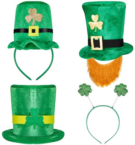 Hestya 4 Accesorios de Disfraz Irlandés de Día de San Patricio 2 Sombreros de Copa de Duende Gorros de Patricio con Barba 2 Diademas de Trébol Verdes Novedosas para Adultos Desfile Recuerdos Fiesta