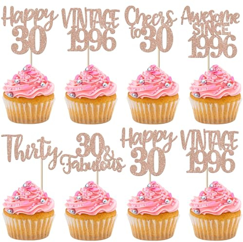 Xsstarmi 24 Pack Happy 30th Birthday Cupcake Toppers Glitter Thirty 30 Fabulous Vintage 1996 Cupcake Picks for Cheers to 30 Years 30th Birthday Wedding Anniversary Party Cake Decorations Rose Gold