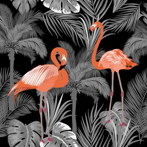 ReWallpaper 44.5cm×7m Selbstklebende Tapete Blumen Vögel Tapete Schwarz Muster Tapete Dschungel Blätter Tapete Blätter Grau Vintage mit Flamingos Rosa Klebefolie für Möbel Vintage PVC