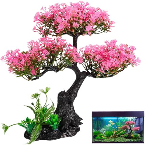 Plastic Aquarium Plants for Fish Tank, Realistic Cherry Blossom Tree & Green Water Grass, Safe for Your Aquatic Pets and Water Quality, Lifelike Artificial Plants for Nature Underwater Landscape
