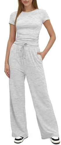 SotRong 2-teiliges Sommer-Outfit für Damen, Loungewear-Set, gerüscht, kurzärmelig, bauchfreies Oberteil und hohe elastische Taille, weites, gerades Bein, Hose, Trainingsanzug, Sportbekleidung,