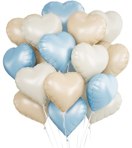 Herz Folienballon 24 Stück,Herz Helium Luftballons,Heliumballon Herzen,Beige Baby Blau Herzluftballons,Herzform Folienluftballon Herzballons für Geburtstag Hochzeit Valentinstag