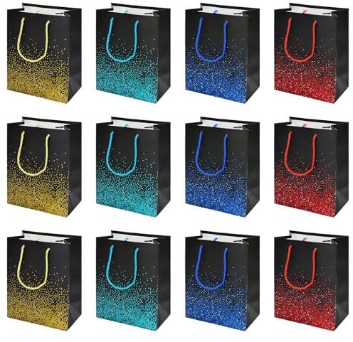 12 Pcs Geschenktüten Klein Schwarz, 18x23x10cm, 4 Farben Papiertüten mit Henkel, Geschenktasche Geburtstag Kinder Erwachsene, Mitgebseltüten Kindergeburtstag, Papiertragetaschen für Party Hochzeit