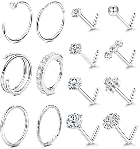 ADRAMATA Hypoallergenic 14K Gold Filled Nose Rings Studs 20G 316L Surgical Steel Nose Ring Gold L Shaped Nose Studs Hoop Nose Rings Set for Women Men Simulated Diamond Nose Piercing Jewellery(14Pcs)