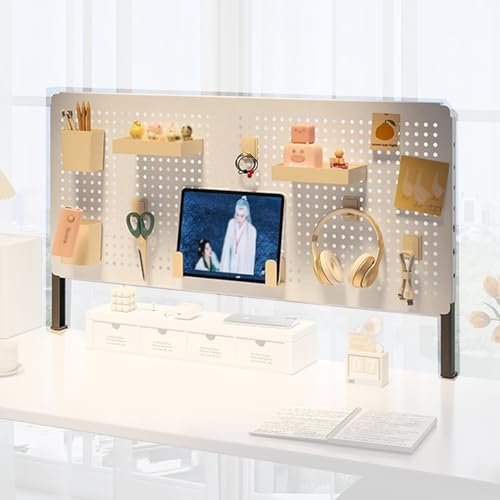 SCBTGKLN Anklemmbare Pegboard aus Stahl, Stecktafel for den Schreibtisch, Magnetische Stecktafel, Peg Board for Bürozubehör, Lochwand Zubehör, Modulares Aufhängen(White,80x40cm/31.5x15.7)
