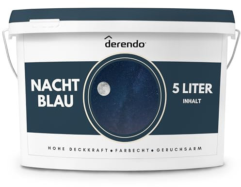derendo Exklusive Wandfarbe blau 5L, hohe Deckkraft, Dispersionsfarbe innen, Innenwandfarbe Raumfarbe Nachtblau, Deckkraftklasse 2, hochdeckende Innenfarbe Profi Qualität
