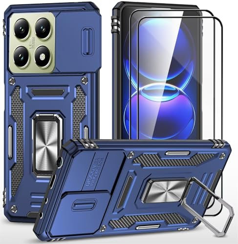 CLYDITE Coque pour Xiaomi 14T étui avec 2 Verre Trempé Support magnétique Armure Robuste Antichoc Silicone avec Couvercle de caméra Coulissant Bumper-Bleu
