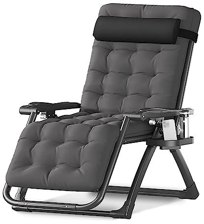 Silla reclinable extra ancha de gravedad cero para exteriores con cojín extraíble y charola plegable para patio para uso en interiores y exteriores