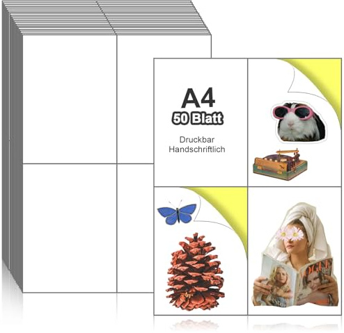 Självhäftande papper A4-skrivare 50 ark självhäftande etiketter, självhäftande ark, 4 etiketter per ark 148,5 x 105 mm (A6) för laser- och bläckstråleskrivare
