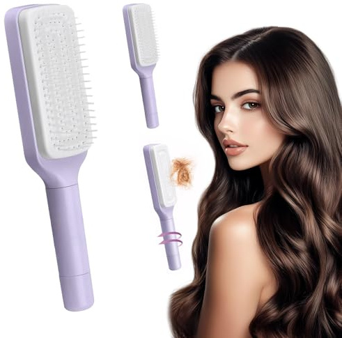 Selbstreinigende Haarbürste Drehbar für Alle Haartypen - Reiniger gegen Verknotungen, perfekt für Frauen, langes und kurzes Haar, lila