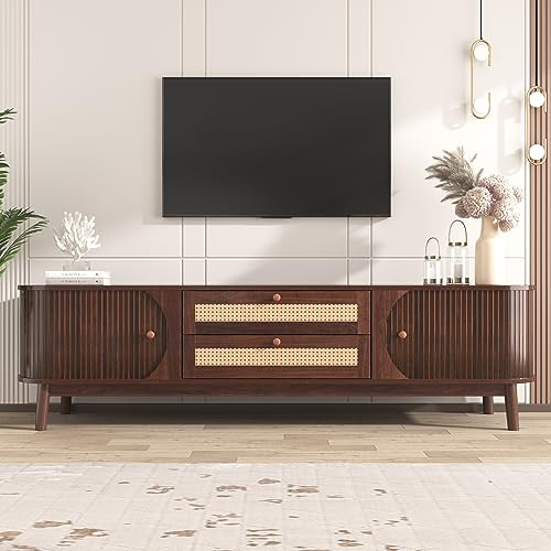 Jaxenor 170cm TV Stand Cabinet, TV Unit for Living Room, Long TV Unit with 2 Doors and Rattan Drawers, Modern Large Entertainment Unit TV Table, Natural Walnut Color
