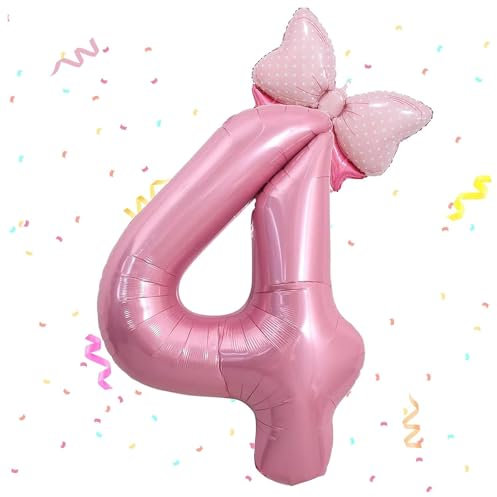Zahlen Luftballon 4. Geburtstag, 40 Zoll Schleife Folienballon Zahl 4, Zahlenballon 4 Helium Ballon Rosa,Luftballon 4 Geburtstag Deko für 4 Jahre Mädchen Geburtstagsdeko,Babyparty,Jubiläum Party Deko