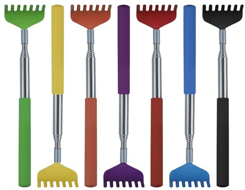 6 rascadores de espalda extensibles, 6 colores de acero inoxidable de alta calidad, rascador de espalda portátil, rascador de espalda de metal y acero inoxidable, masajeador con mango de goma