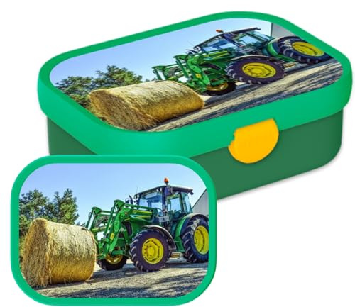 Mepal Brotdose für Kinder - Bento Lunchbox - Traktor - Jausenbox mit Bento-Fach & Gabel - Meal Prep Box Clip-Verschluss - BPA-frei & Spülmaschinenfest - 750 ml - Traktor mit Heuballen