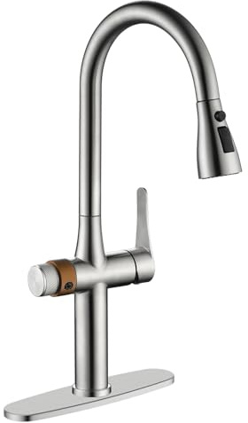 APPASO 3-Wege-Filterhahn, Küchenarmatur mit Wasserfilter, 3-in-1-Wasserhahn für Küchenspüle, kommerzielle Einhandgriff, SUS304 Edelstahl gebürstetes Nickel (ohne Filtergerät)